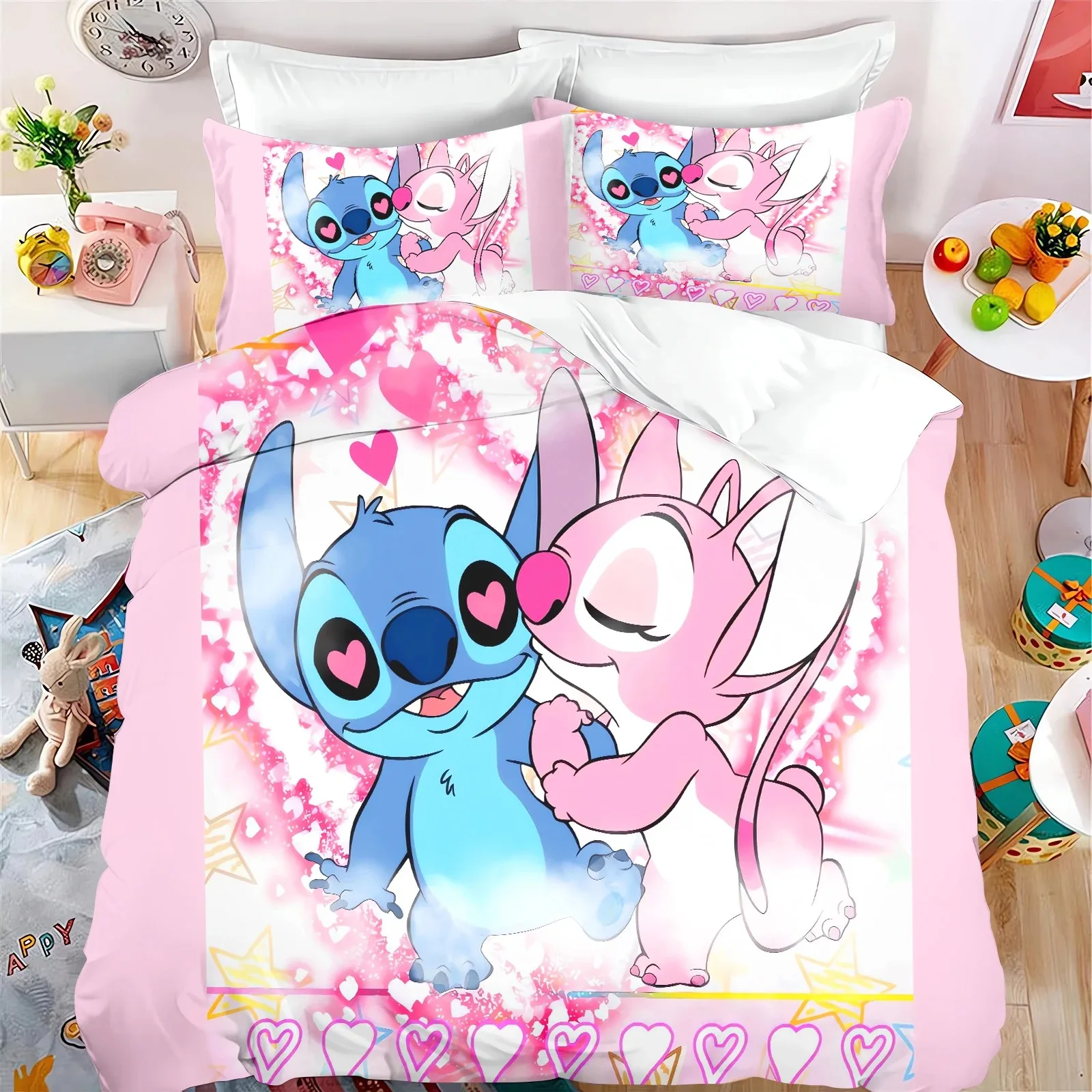 Stitch&Angel love Bedding Sets,Boys Girls Anime Comforter Bedding set for home decor bedroom king-size bedding