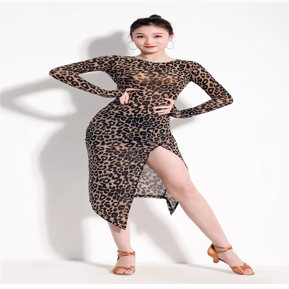 Robe de danse latine sexy à imprimé léopard pour adultes, coupe couvertes, fente pour les jambes, scène de danse pour filles, nouveau