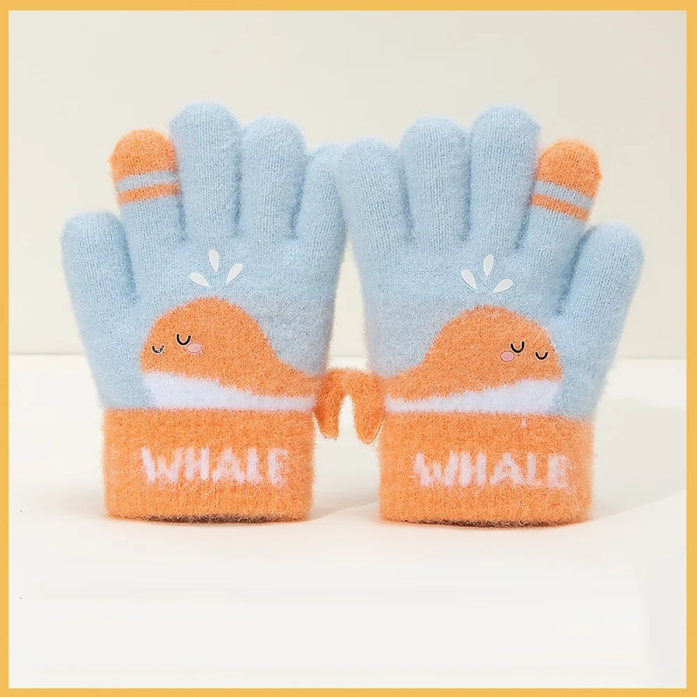 Guantes tejidos de invierno con dibujos de ballena para niños de 3 a 6 años, guantes elásticos de cinco dedos, bonitos y cálidos guantes de felpa para invierno