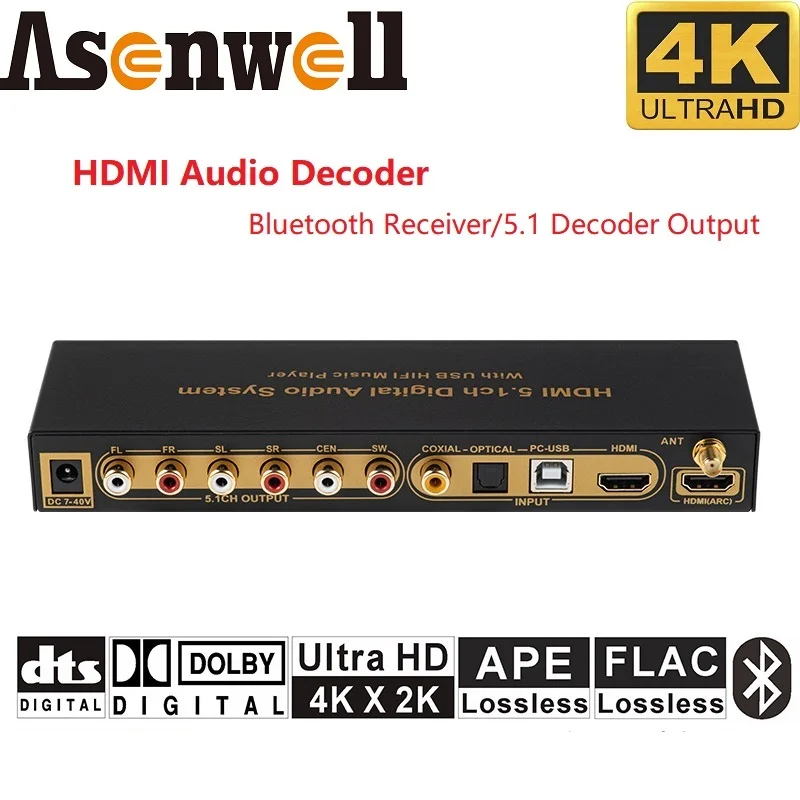 

4K@60Hz HDMI 2.0 Audio Extractor Converter DTS AC3 5.1CH Digital Audio Decoder ARC SPDIF Coaxial PC-USB Bluetooth Audio Input