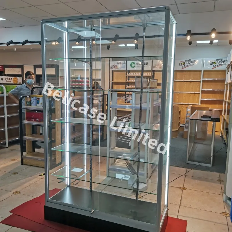 

2025customized. hot selling smoke shop display furniture full tall showcase with LED light lockable glass display cases