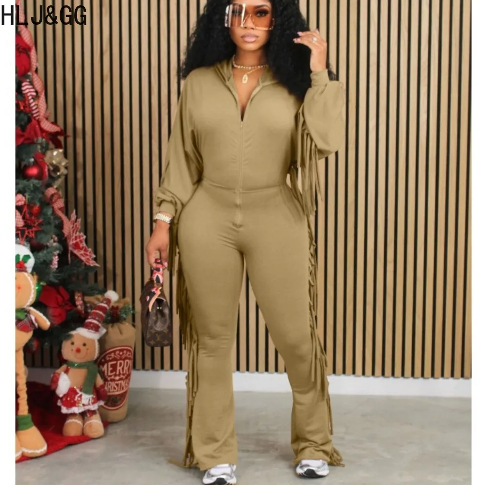 

HLJ&GG Fashion Tassel Design Hooded Jumpsuits Women Zipper Long Sleeve Bodycon Playsuit Casual Female Solid Color Sporty Overall