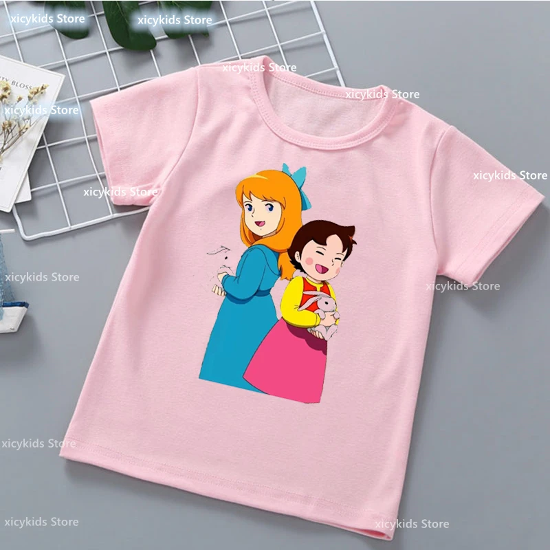 Kawaii Meisjes T-shirt Grappig Heidi En Familie Cartoon Print Kids Zomer Shirt Tops Mode Meisjes Kleding Schattige Kinderen Kleding Tshirt