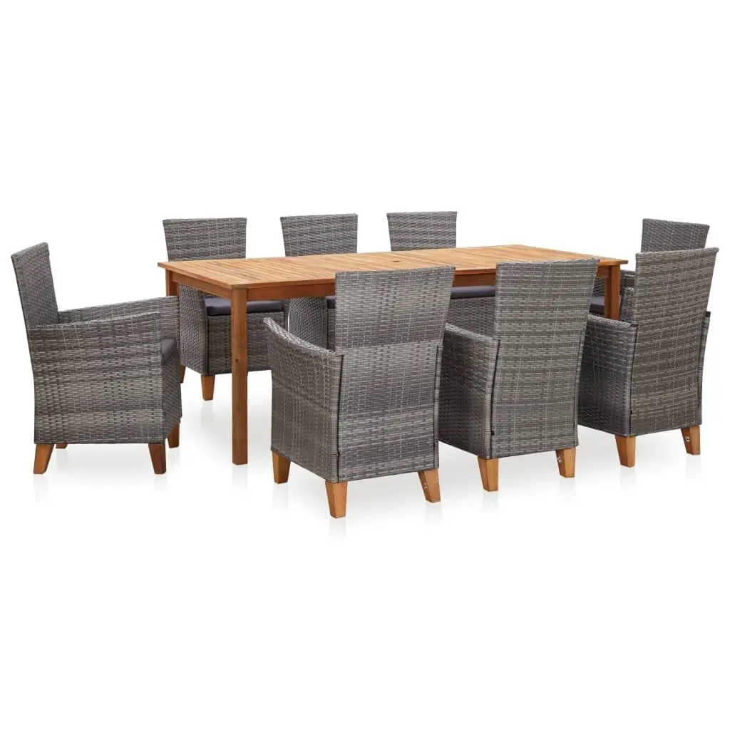 9-Piece Gray Dining Set with Poly Rattan & Solid Acacia Wood - Stylish Outdoor Furniture