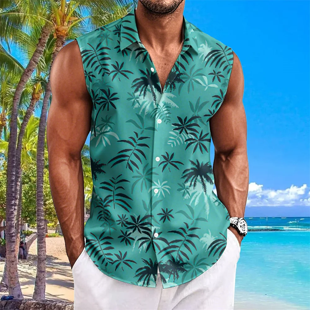 Hawaiian Shirts Men Sleeveless Lapel Top Beach Flower 3d Printed Shirts For Men Clothing Loose Breath Vacation Style Vest Shirt