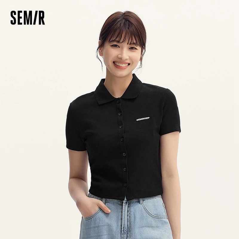 Semir Polo Shirt Women 2024 Summer New Short Length Letter Texture Clothing Fashionable Summer Ladies Slim Fit Cardigan Simple