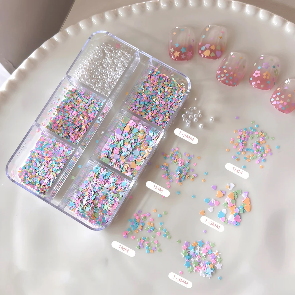 6 compartimentos de pedrería para uñas, perlas blancas redondas mezcladas de 1-3 mm, lentejuelas de estrella/corazón, decoración de manicura 2