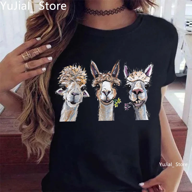 Camiseta Harajuku Kawaii para Mujer, camisetas divertidas con estampado de animales de Alpacas, Top blanco de verano, Camiseta informal para Mujer