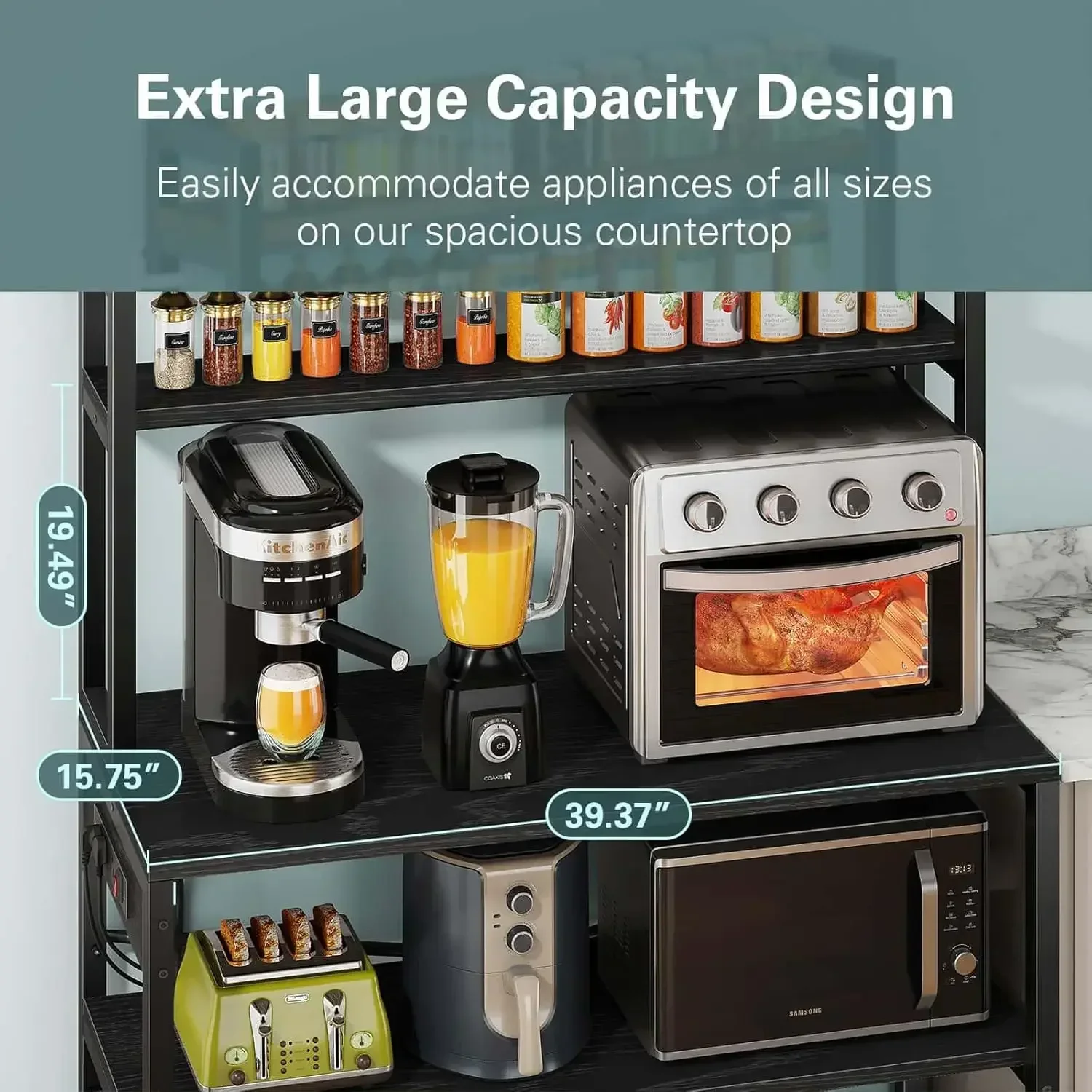 39.4 Inch Wide Large Bakers Rack with Power Outlets, 5-Tier Microwave Stand with Storage, Coffee Bar Stand, Industrial Ki