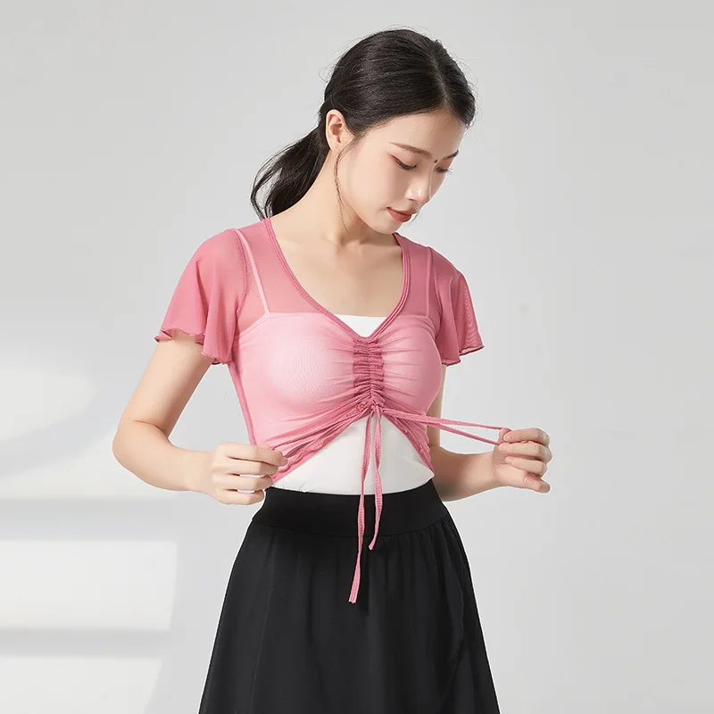 Top corto de malla con cuello en V, camiseta de Ballet, Tops de baile, Ropa de baile de bailarina, ropa de práctica de baile, disfraces clásicos para bailar