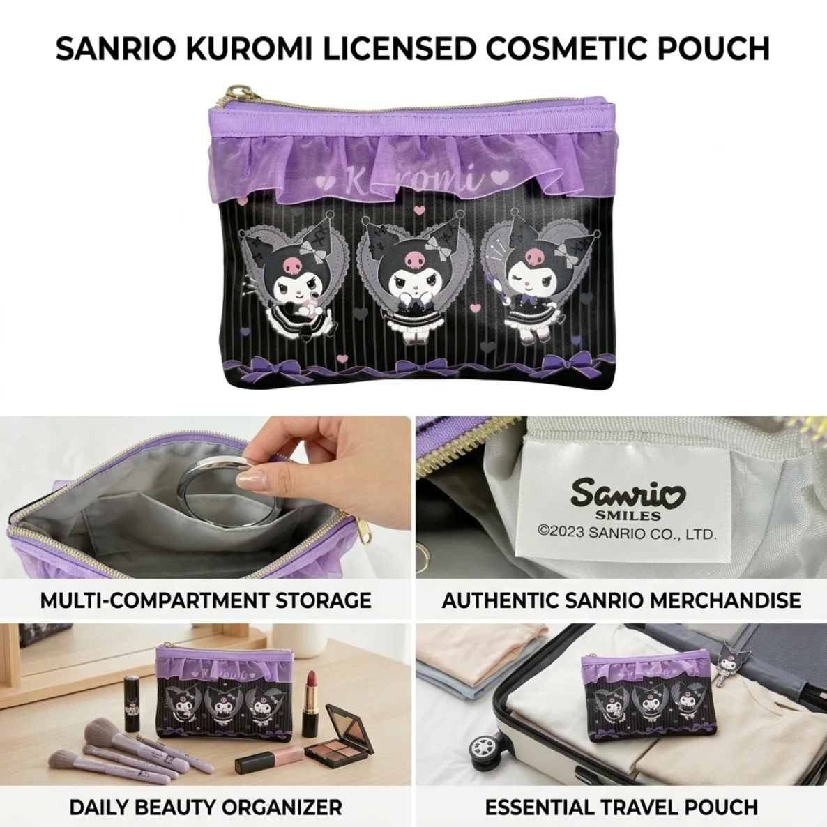 Kuromi Makeup Bag, Purple Lace Ruffled PU Makeup Bag, Cute Lolita Cartoon Print, Portable Travel Bathroom Toiletry Storage Bag