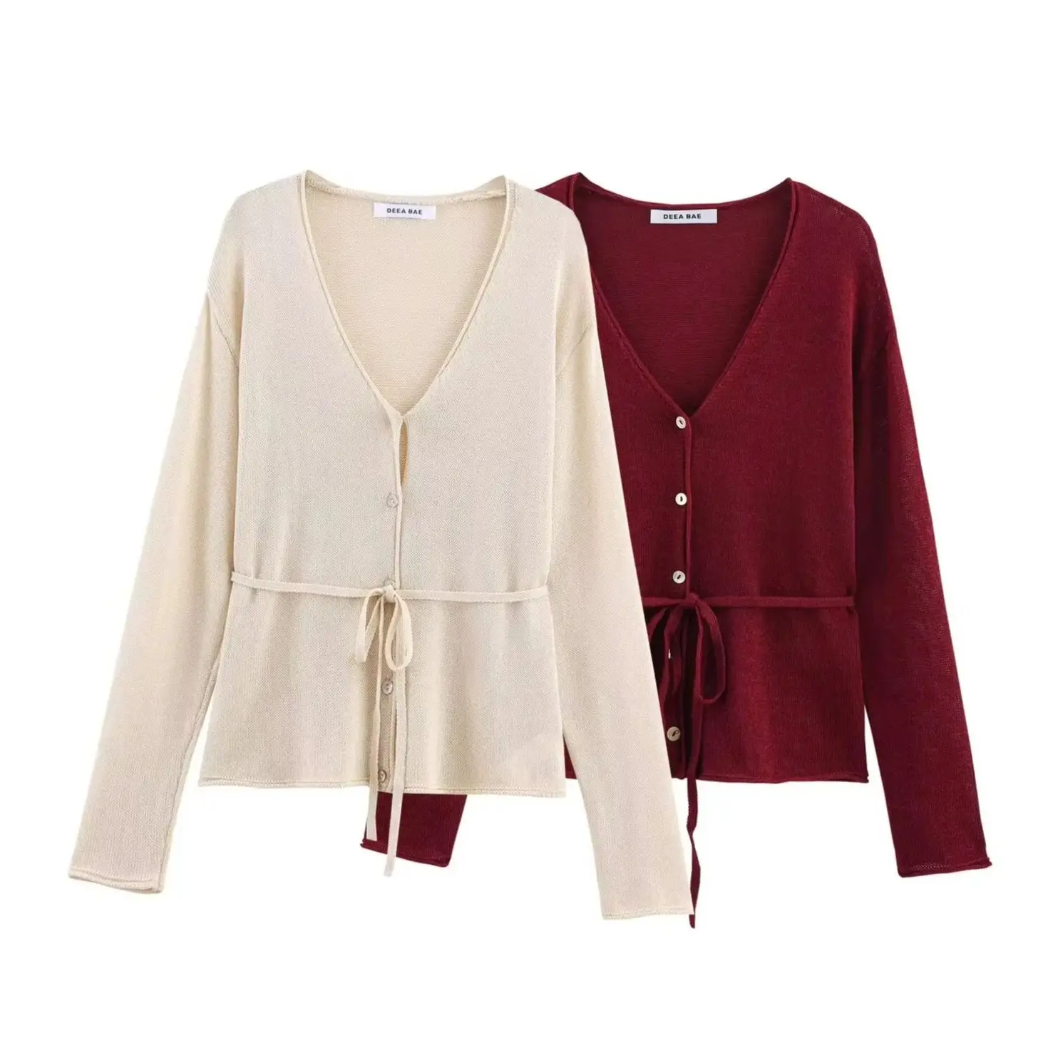 KONDALA Casual 2025 Knit Solid Sashes Vintage Women Sweaters V-Neck Loose Single Breasted Streetwear Chic Elegant Mujer Knitwear