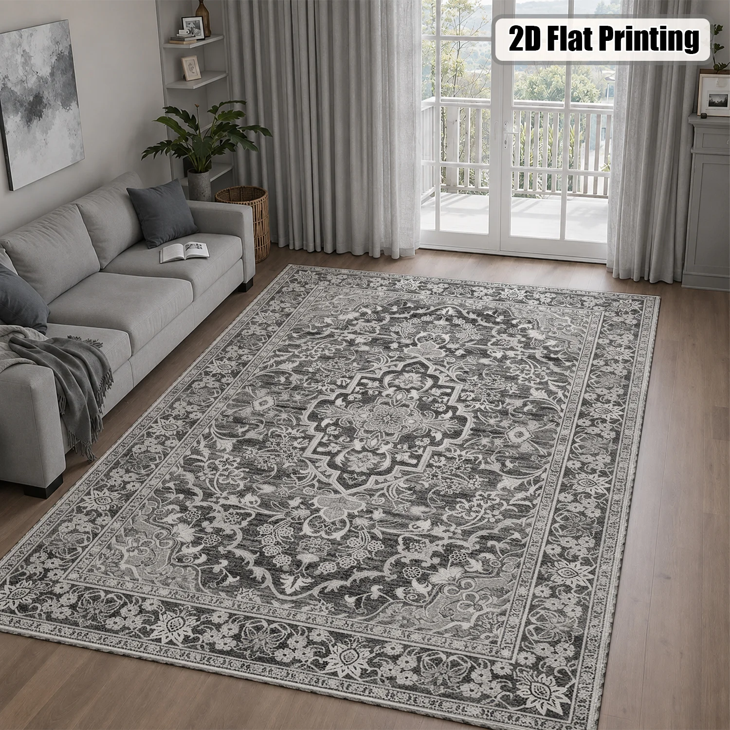Large Indoor Area Rug, Soft Velvet Low Pile with Non-slip Dotted Backing, Machine Washable Vintage Distressed Gray Oriental Medallion Rug for Living Room and Bedroom - view 3