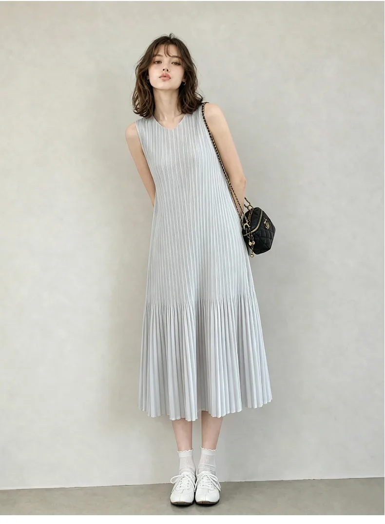 Miyake Plissee-Kleid Damen Ärmelloses Midi-Kleid Strukturiert Locker Sitzend Elegant Lässig Sommer Mode Minimalistischer Stil Schickes Fit – Detail 4