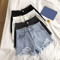 Summer Denim Shorts Women Korean Fashion Ripped Holes High Waist Short Jeans Female Casual Street Wide Leg Short Pants
