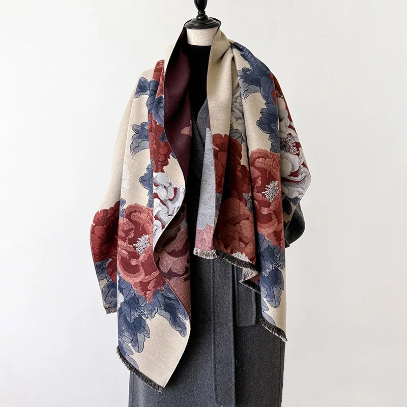 Fashion Peony Flower Print Shawl Women Imitation Cashmere Warm Scarf Autumn Winter Double Sided Ladies Pashmina Cape Cloak