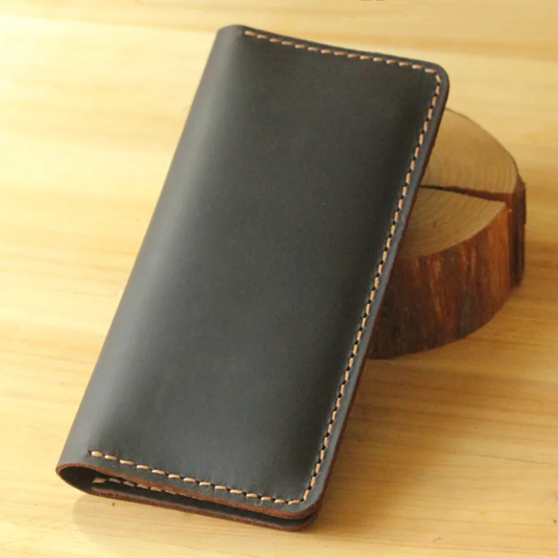 

Vintage Genuine Handmade Leather Wallet Men Purse Crazy Horse long Clutch Male purse Money Clips bag