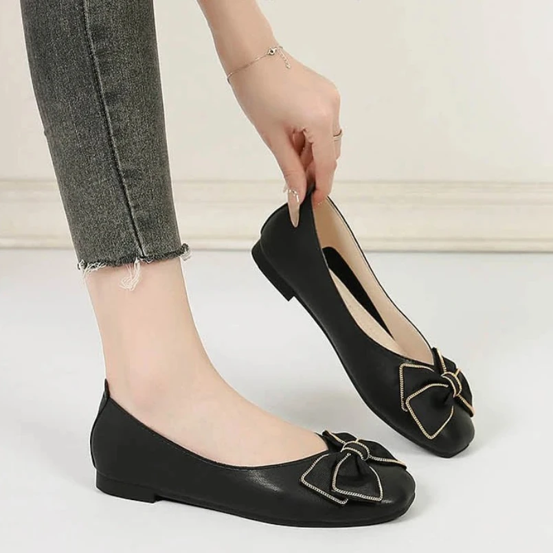 

2025 дизайнерские туфли на плоской подошве с бантом, женские балетки из мягкой кожи с квадратным носком, лоферы без шнуровки с бантом, женские туфли на плоской подошве большого размера