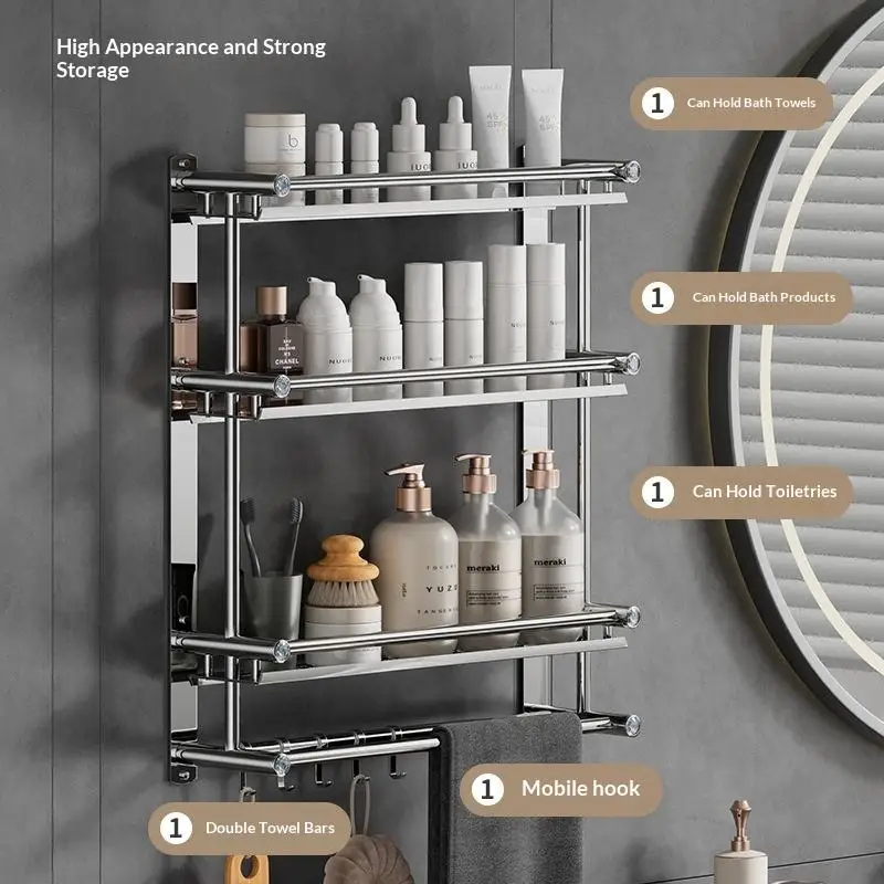 Stainless Steel Bath Towel Rack No Drill Rust Resistant Wall Mount Towel Organizer for Home Hotel Bathroom Organization
