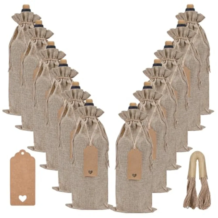 Burlap Wine Bags 12 Pcs Wine Bottle Gift Bags With Drawstrings Tags and Ropes for Holiday Weedings Party, Birthdays, Travel, Bl