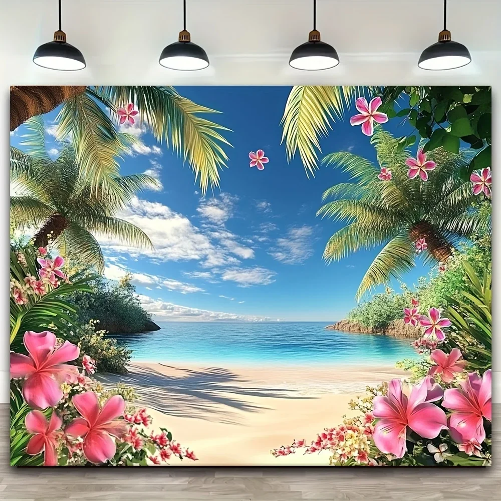 

Tropical Hawaiian beach background - 1pc polyester with palm and floral designs,perfect for ocean-themed parties and photography