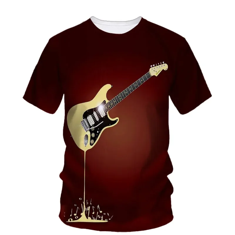 Summer trend rock music Guitar Boy fashion brand Creative 3d printed round neck short sleeve oversized clothing