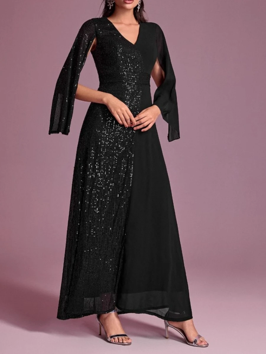 VGH พรหมชุดราตรี Spliced Sequins ชุดผู้หญิง V คอแยกแขนยาวเอวสูง Patchwork ตาข่ายชุดราตรีหญิง