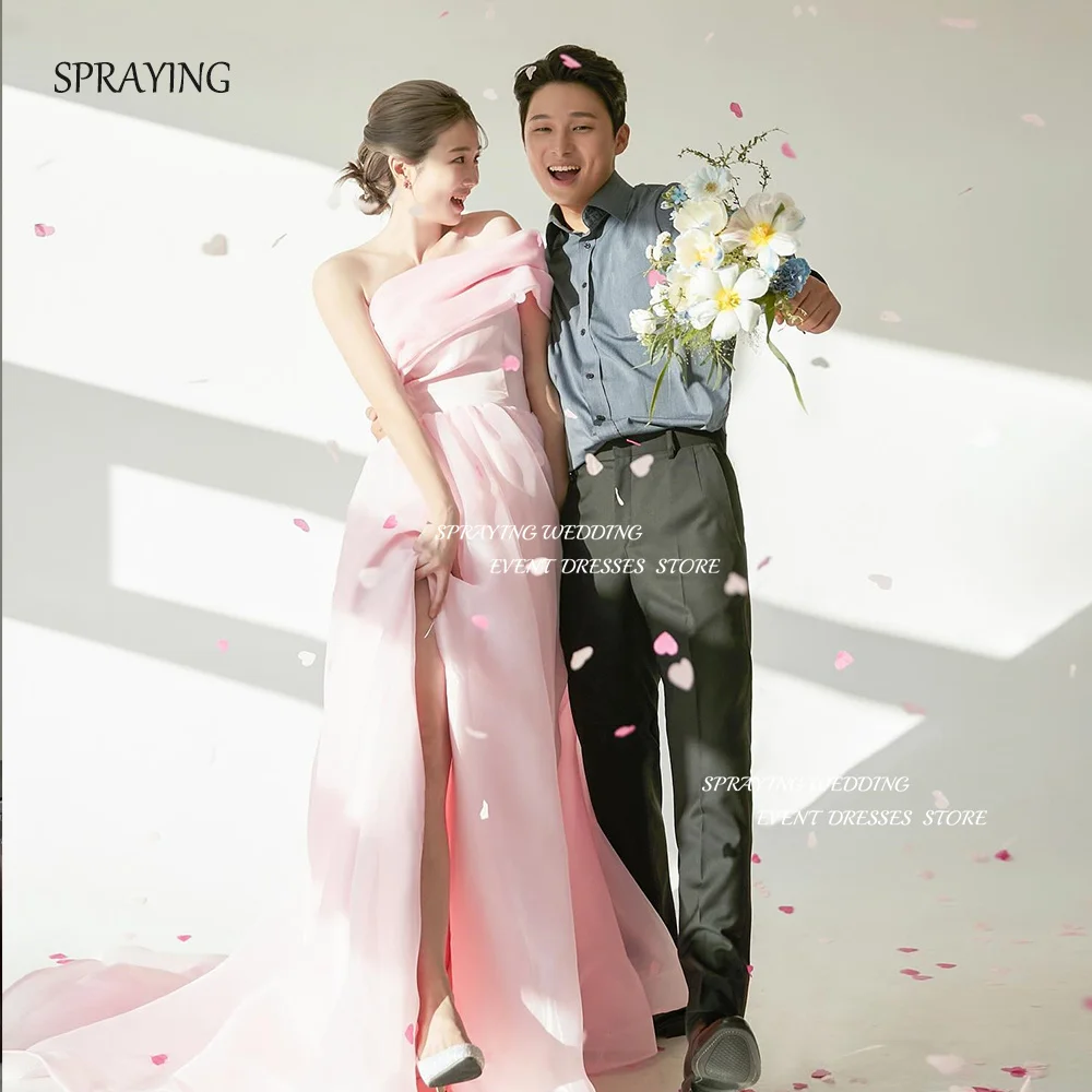 SPRAYING Korea Wedding Party Dresses One-Shoulder Baby Pink Bridal Gown Custom Made 웨딩드레스 Sweep Train Photo Shoot