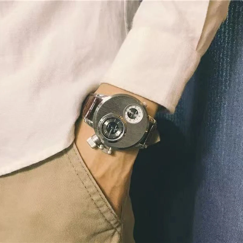 YIKAZE Relógios masculinos de quartzo de luxo estilo punk mostrador duplo relógio de pulso masculino de negócios pulseira de aço inoxidável relógio militar à prova d'água
