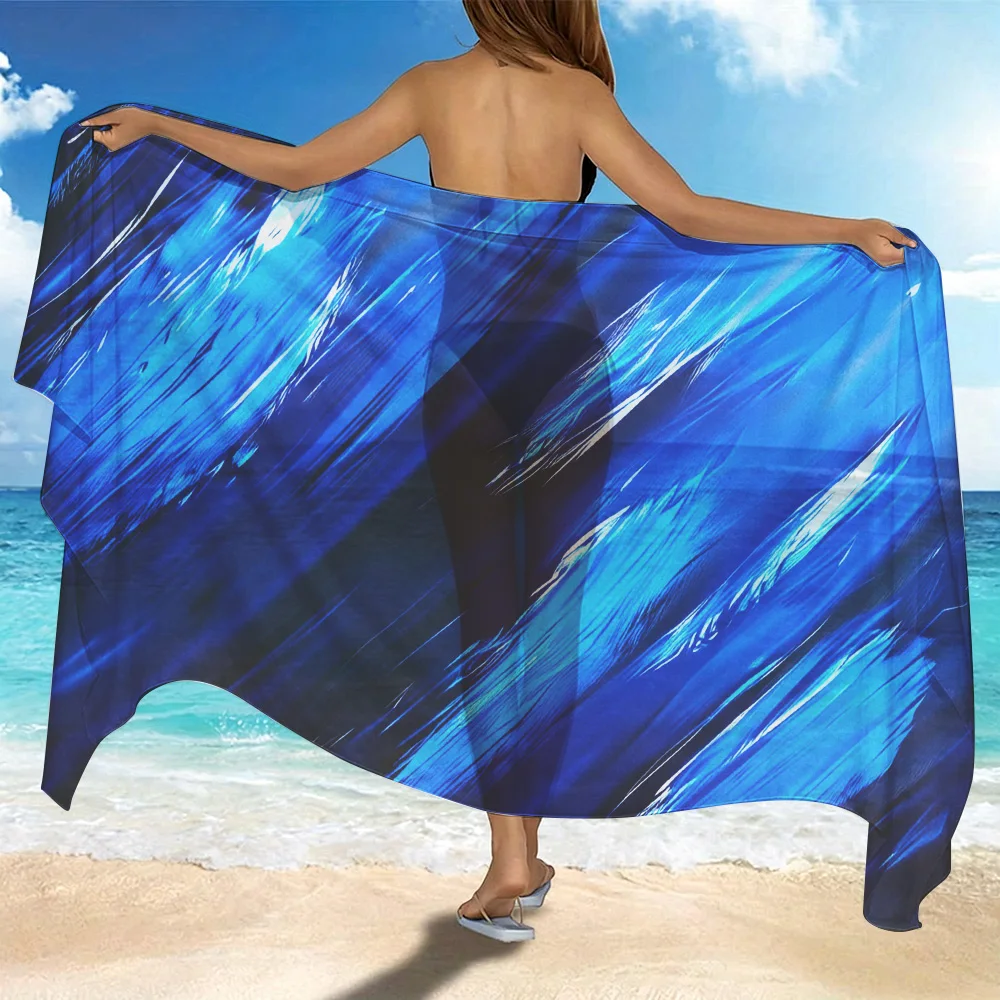 1 PC Beach Skirt, Beach Towel, Beach Shawl. Features a Blue Abstract Brushstroke Pattern. Translucent Material, Perfect for B