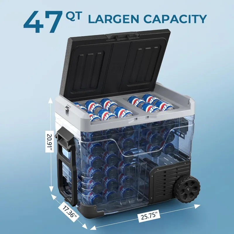 ثلاجة EUHOMY 12 فولت، مبرد كهربائي مزدوج المنطقة 47QT(45L)، فريزر محمول 12 فولت/24 فولت تيار مستمر 110-240 فولت تيار متردد، ثلاجة 12 فولت -4 ℉ ~68 ℉