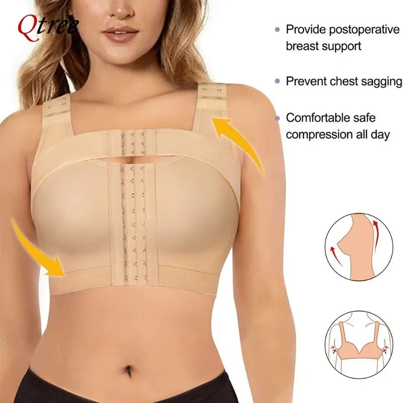 Qtree Women Front Breast Support Push Up Bra Compression Body Shaper Adjustable Band Hooks Breast Control Corset Shaperwear