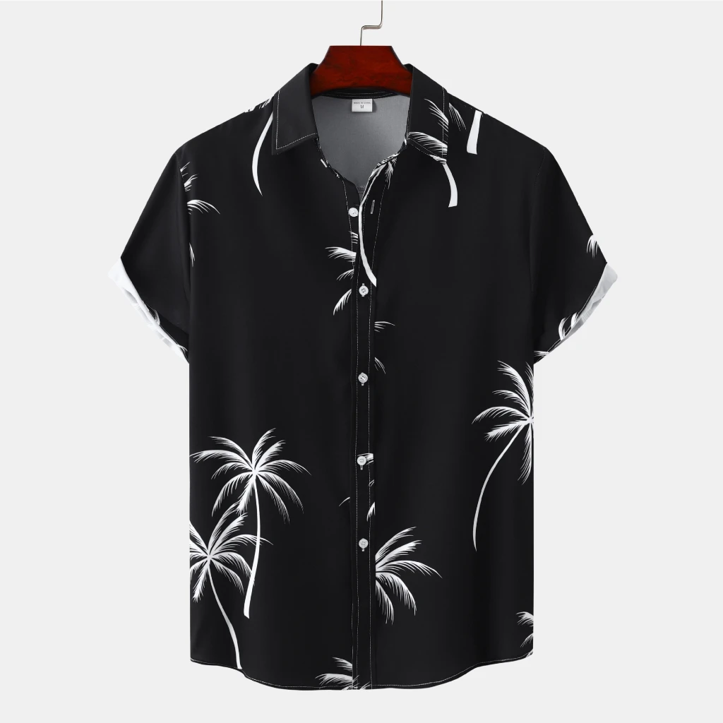 

Men's Coconut Tree Shirt Short Sleeve Button Down Black White Palm Graphic Tops Summer Beach Holiday Fashion Male Clothing