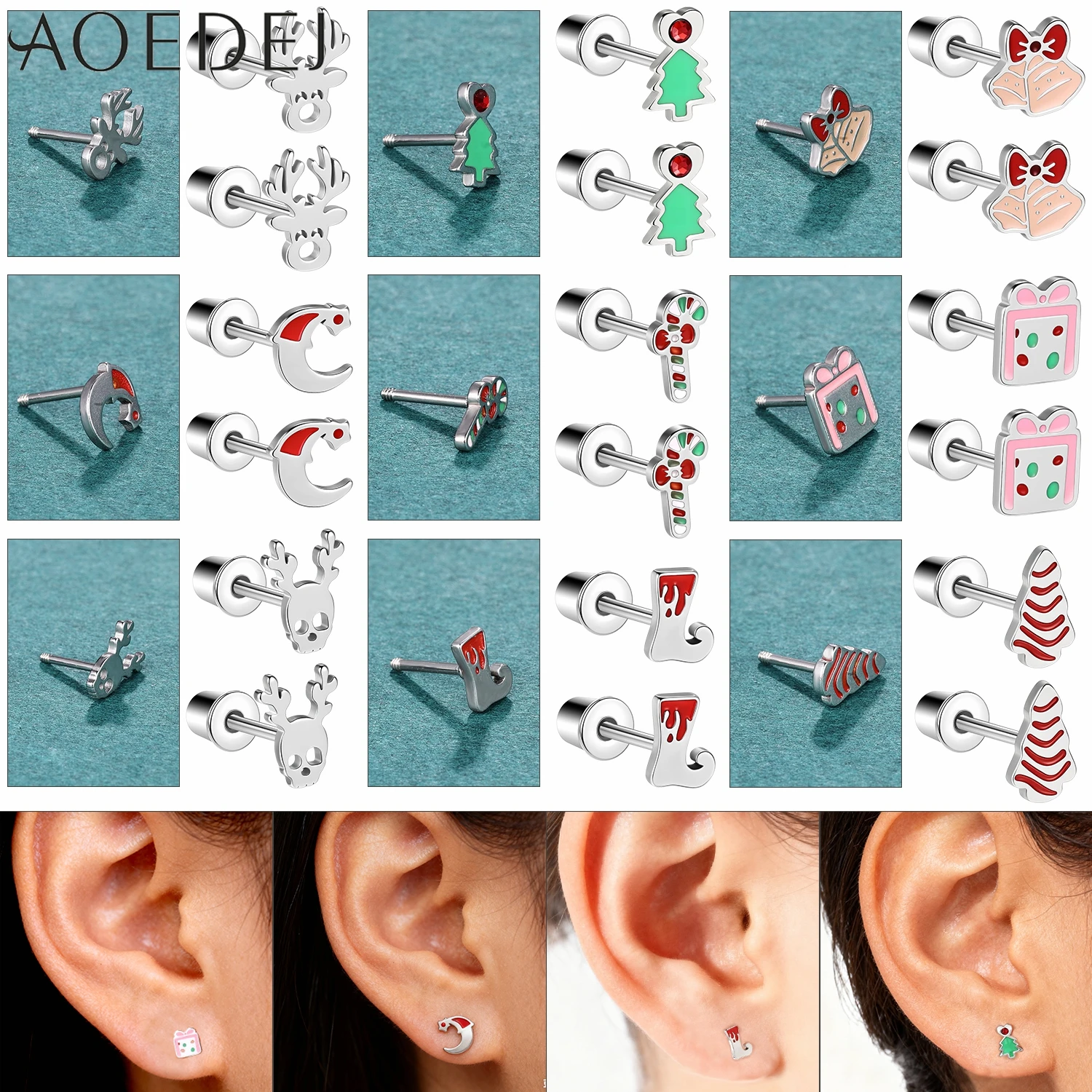 AOEDEJ, 1 par, pendientes tipo botón de acero inoxidable de 20G, pendientes navideños para mujer, campana de ciervo, cono de caramelo, cartílago, hélice, Piercings de concha