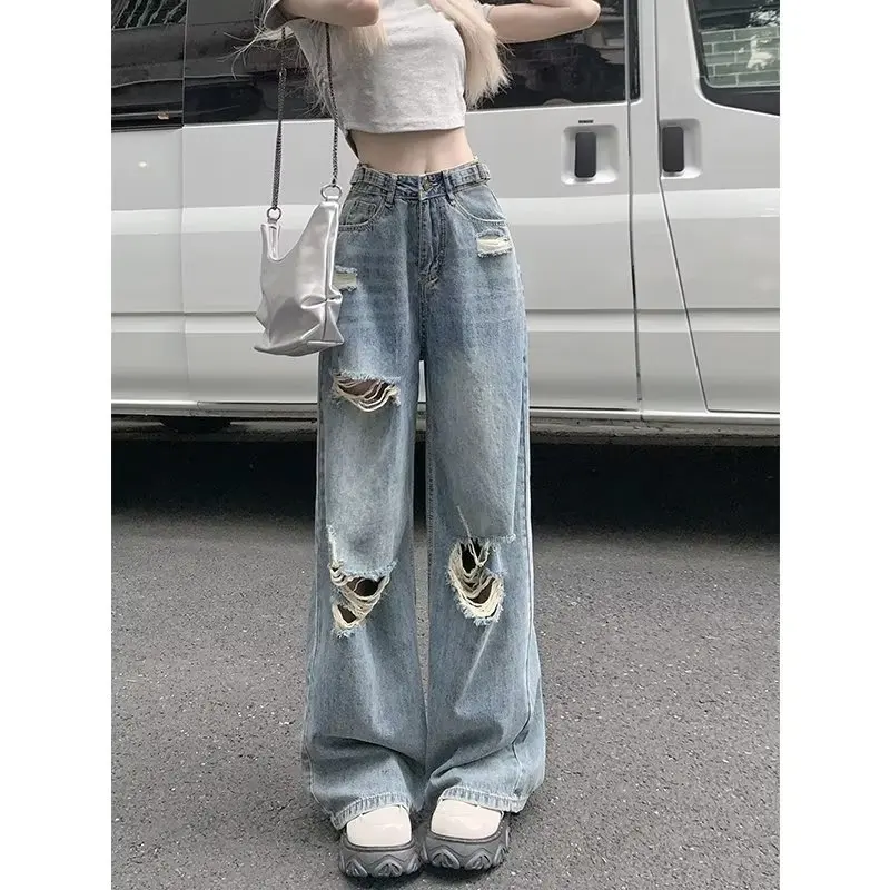 Y2K American Women Retro Straight Jeans with Holes Slim Waist Loose Wide-Leg Pants Fashion Stretch Design