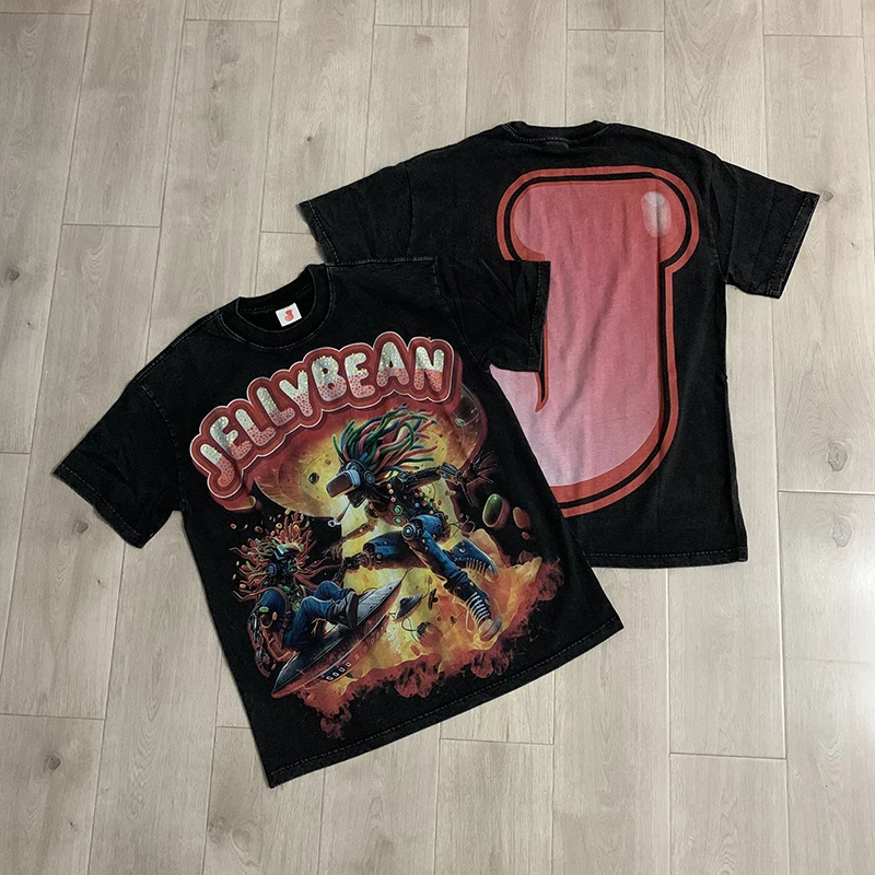 Summer New JELLYBEAN Men Hip‑Hop Trippy Cosmic Skate Characters Vintage Washed Daily Tee Top Fast Delivery