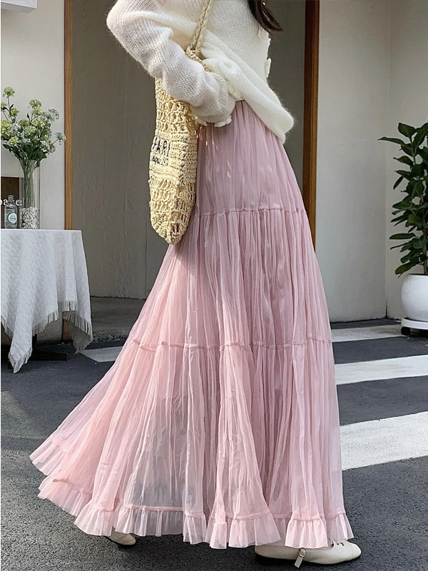 Retro Mesh Half Skirt Women's Elastic Waist Slim A-Line Pleated Skirt Summer New Style Soft Comfortable Polyester Fabric