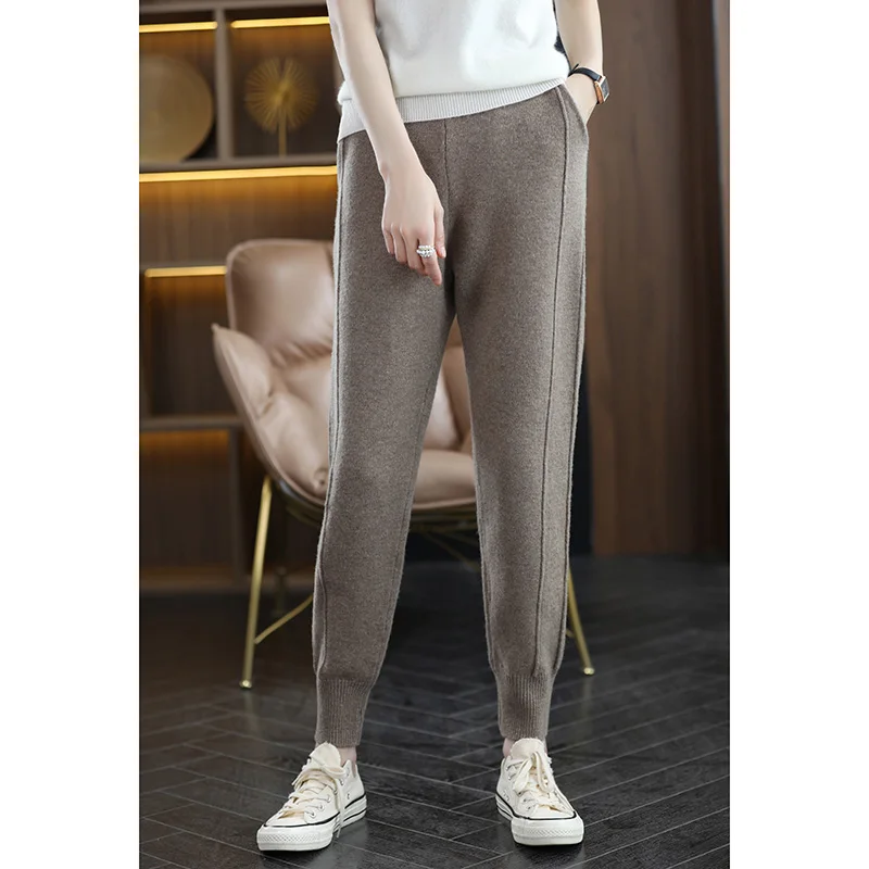 Fashion 100% Merino Wool Solid Color High-Waisted Knit Pants Trousers Cashmere  Soft Simple Basic Casual  Tapered-Leg Joggers