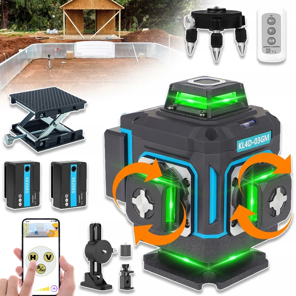 KEZERS Digitaler Grüner Laser-Nivellierer 16 Linien 4D 360 KL4D-03GM 5200mAh Li-Ionen-Akku Metallfenster und Basis-Koffer