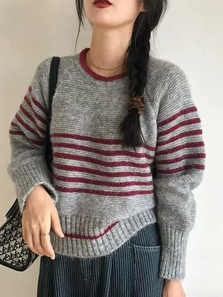 ซจาสสตรีย้อนยุคสบายๆอเนกประสงค์เสื้อเกาหลี O-คอเสื้อถักลายฤดูใบไม้ร่วงฤดูหนาวแขนยาวเสื้อ