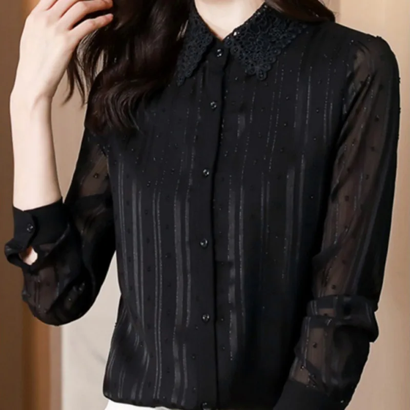 #2511 Black Shirt Woman Embroidery Polo-neck Transparent Long Sleeve Women\'s Shirt Lady Shirt Print Bright Silk Vertical Striped