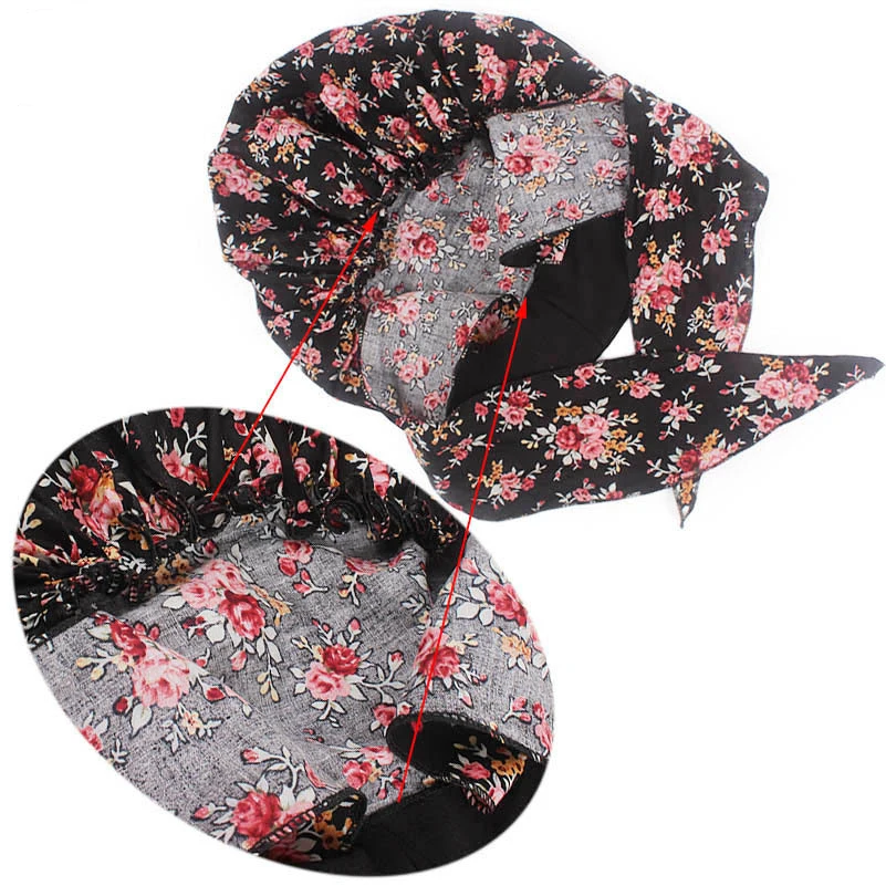 Women Muslim Pre-tied Hijab Hat Turban Bonnet Long Tail Floral Print Head Cover Wrap Caps Cancer Chemo Islamic Arab Headwear Cap