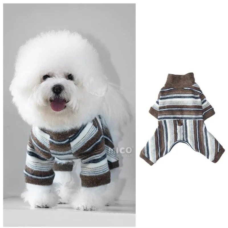 Autumn/Winter Pet Striped Inner with Schnauzer Teddy Four Legged Bottom Shirt Cute Cat Jumpsuit Puppy Clothes