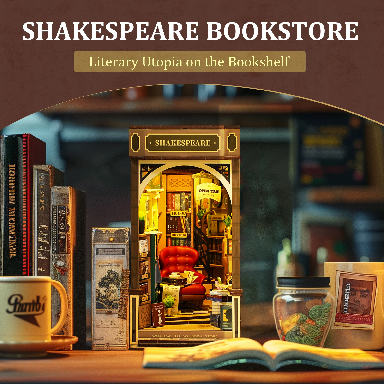 Rolife DIY Book Nook Kit Bookstore Bookends 3D Puzzle Model Building Kit with LED for Bookshelf Decor Gift for Book Lovers Adult