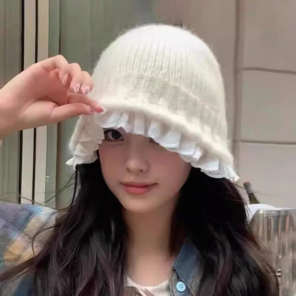 

Sweet Lace Trim Knitted Fisherman Hat Yarn Solid Color Women Bucket Hat Korean Style Large Head Circumference Beanie Hat Girl