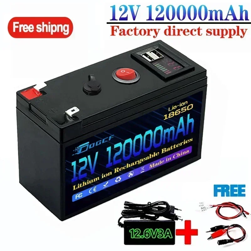 

12V Battery 120Ah 18650 Rechargeable LiFePO4 Lithium Battery Built-in 5V 2.1A Usb Power Display Port Charger+12.6V 3A charger