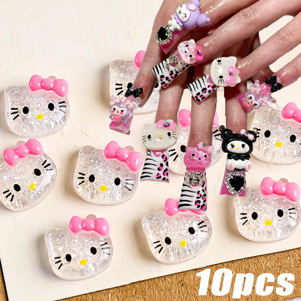 10PCS Sparkle Sanrio Characters 3D Nail Art Charms Clear Resin Kawaii Hello Kitty Kuromi Melody Jewelry DIY Nail Tips Decoration