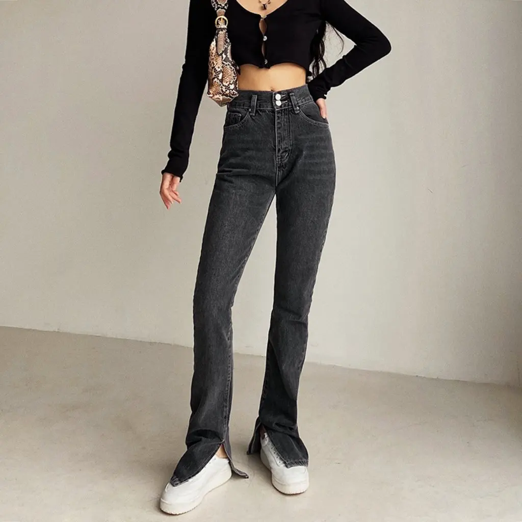 Calça jeans feminina até o chão, estilo europeu americano, calça jeans com fenda, design de alongamento de pernas para outono e inverno