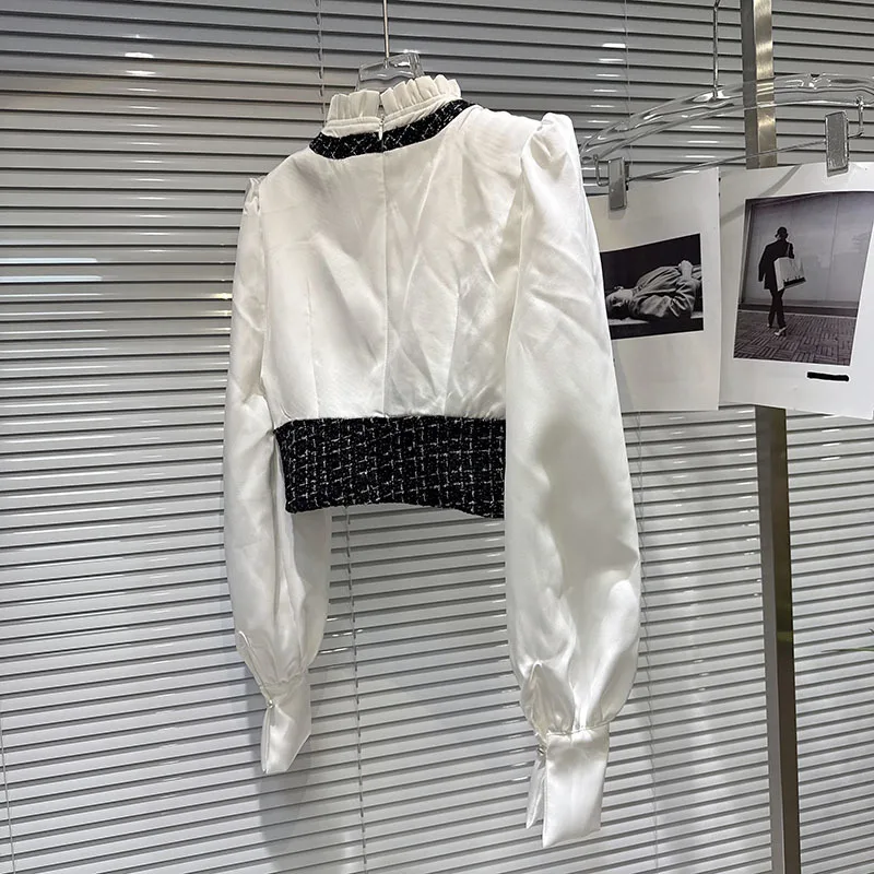 DEAT 2025 خريف جديد أنيق تويد سترة المرقعة وهمية قطعتين قميص للنساء الدانتيل حافة السراويل الإناث العصرية 11A06517