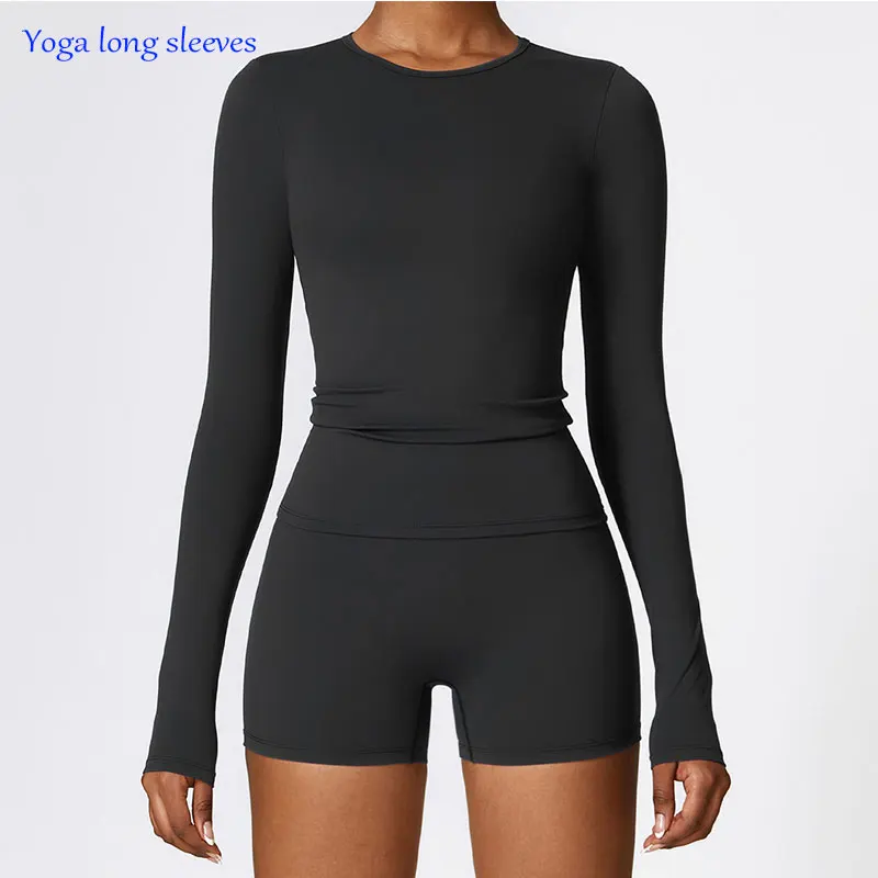 Camisetas de Yoga para mujer, Top deportivo sólido de manga larga para gimnasio, entrenamiento, correr, Sexy, ombligo expuesto, secado rápido, ropa